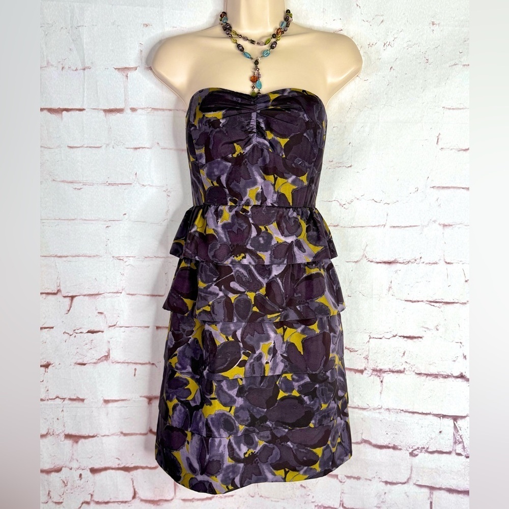 J. CREW 4 Floral Tiered Ruffle Strapless Grey Olive Layered Mini Cocktail Dress - Picture 9 of 14